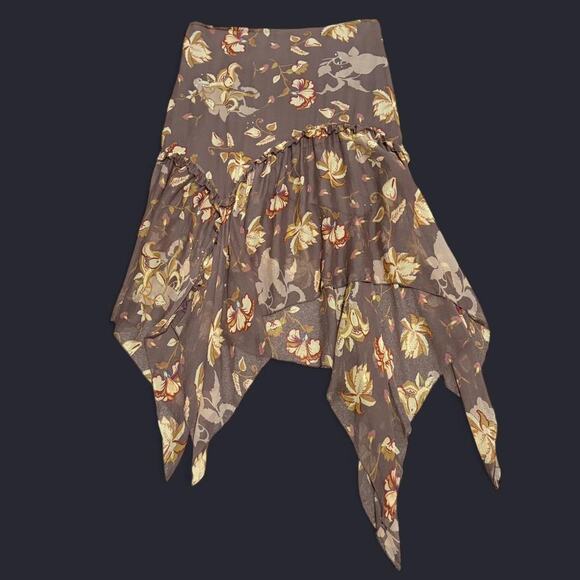 Stefanel Light Brown & Yellow Floral Silk Ruffle Tiered Asymmetrical Fairy Skirt - Picture 5 of 7